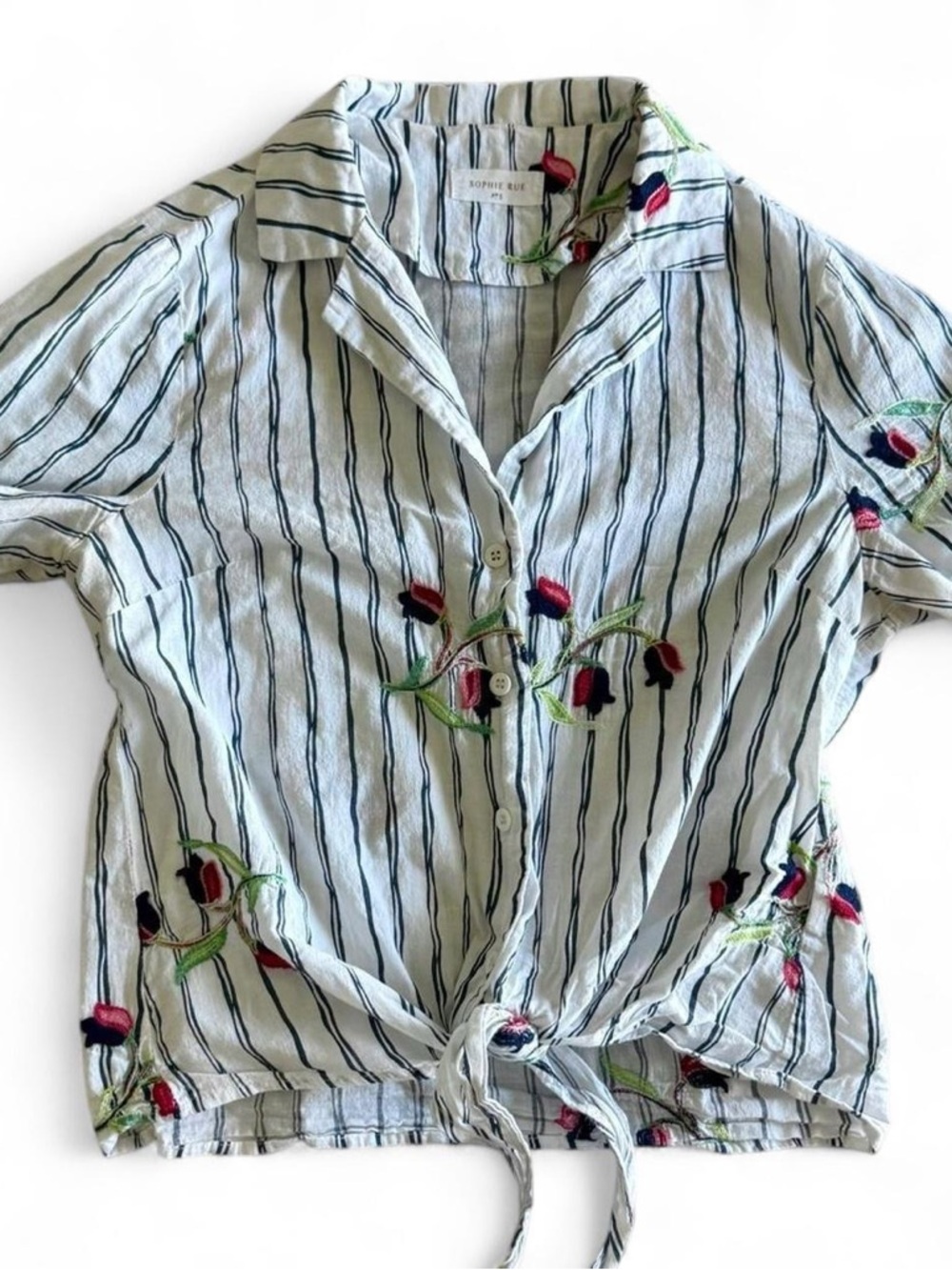 White and Navy Striped Floral Embroidery Button Down Tie Front Shirt Size Small